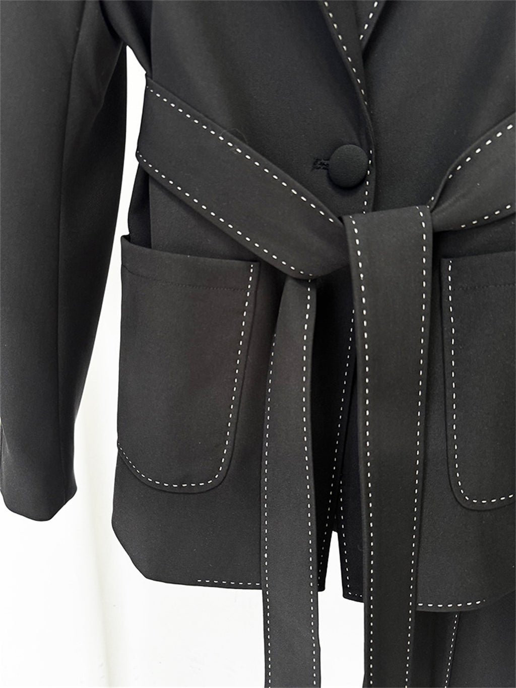 Platlogy Elegant White Belted Blazer Pants Set Stitched Detail Formal Business Two Piece Outfit For Women