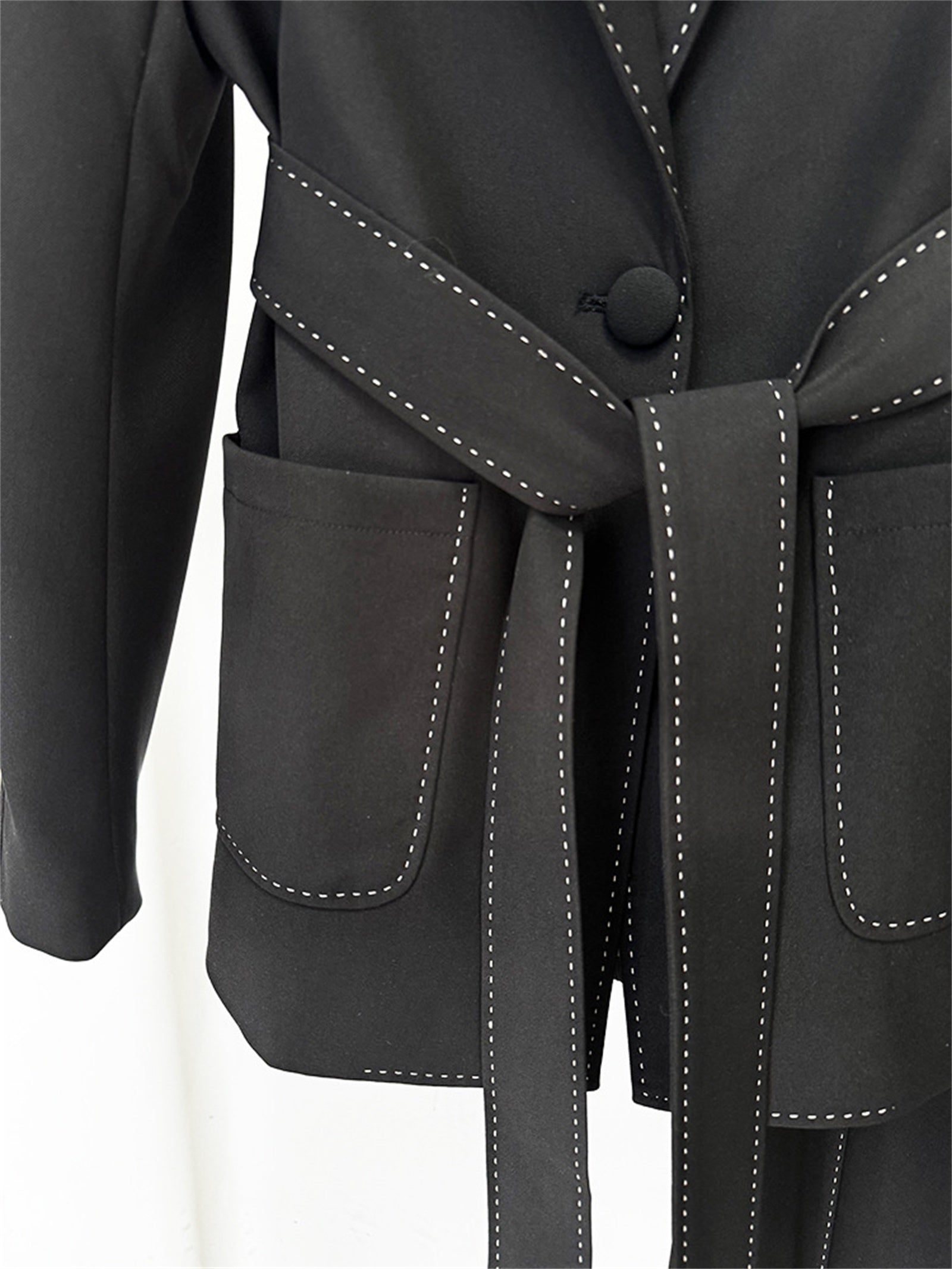 Platlogy Elegant White Belted Blazer Pants Set Stitched Detail Formal Business Two Piece Outfit For Women