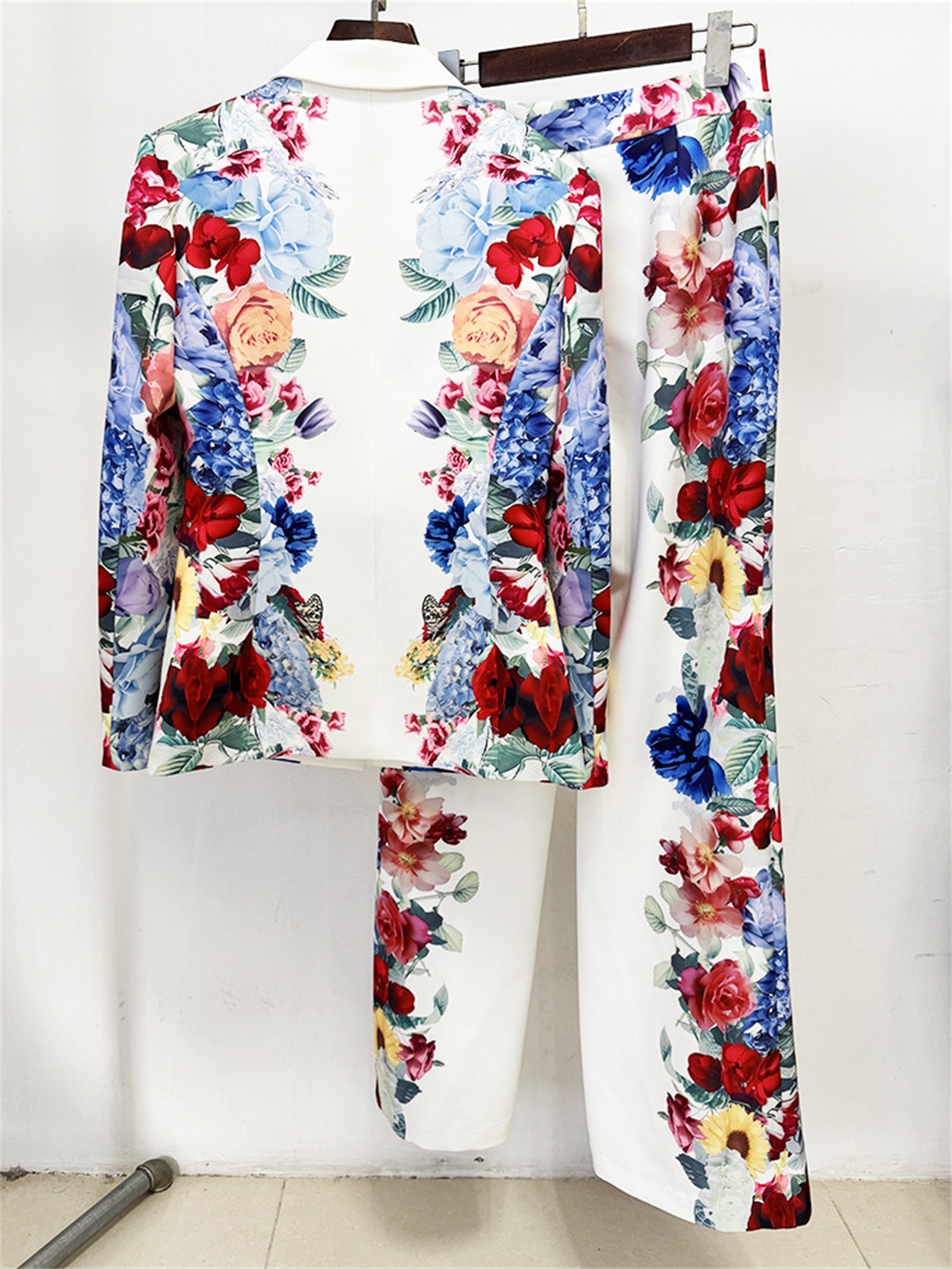 Platlogy Floral Print White Blazer and Straight Pants Two Piece Women Formal Suit Set For Party Business Daily Wear