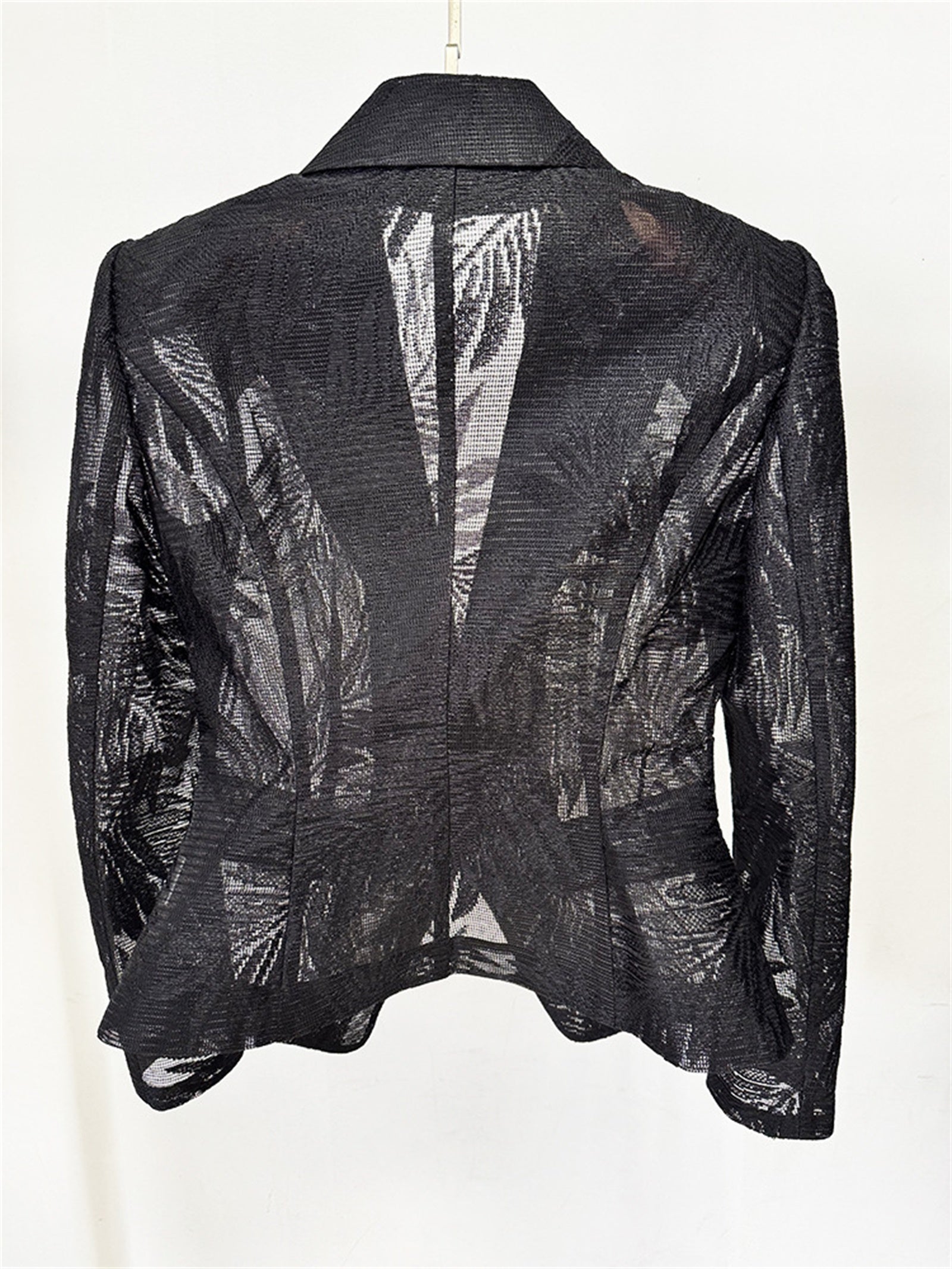Platlogy Women Slim Fit Sheer Lace Blazer Single Button Padded Shoulder Formal Office Jacket