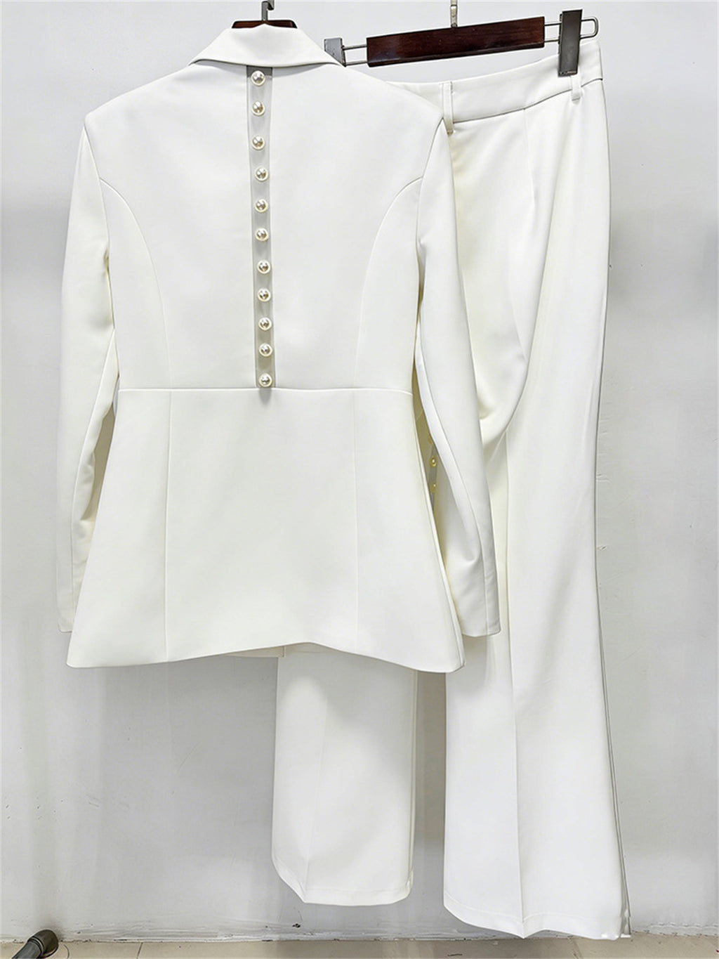 Platlogy White Pearl Decorated Blazer Pants Set Elegant Formal Women Two Piece Suit For Work Party Events