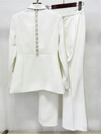 Platlogy White Pearl Decorated Blazer Pants Set Elegant Formal Women Two Piece Suit For Work Party Events