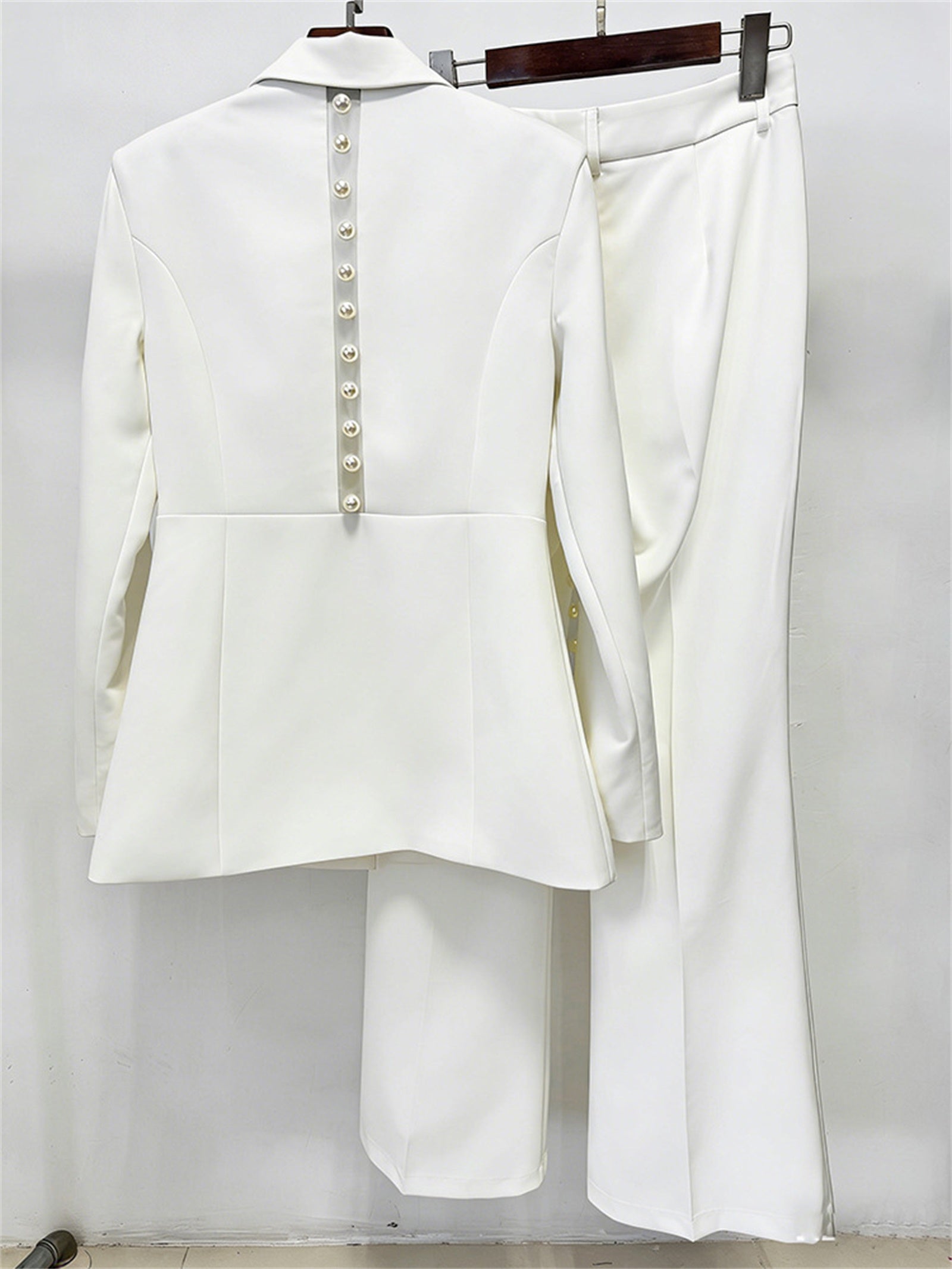 Platlogy White Pearl Decorated Blazer Pants Set Elegant Formal Women Two Piece Suit For Work Party Events