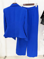 Platlogy Bright Blue Butterfly Button Blazer Wide Leg Pants Two Piece Business Suit Set For Women