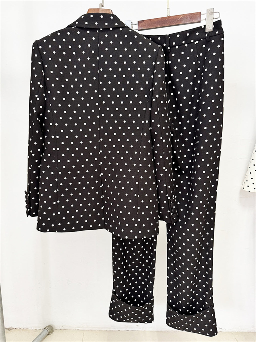 Platlogy Women White Polka Dot Suit Set With Red Bow Blazer And Straight Trousers 2 Piece Outfit For Work Party Daily Wear