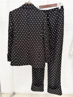 Platlogy Women White Polka Dot Suit Set With Red Bow Blazer And Straight Trousers 2 Piece Outfit For Work Party Daily Wear