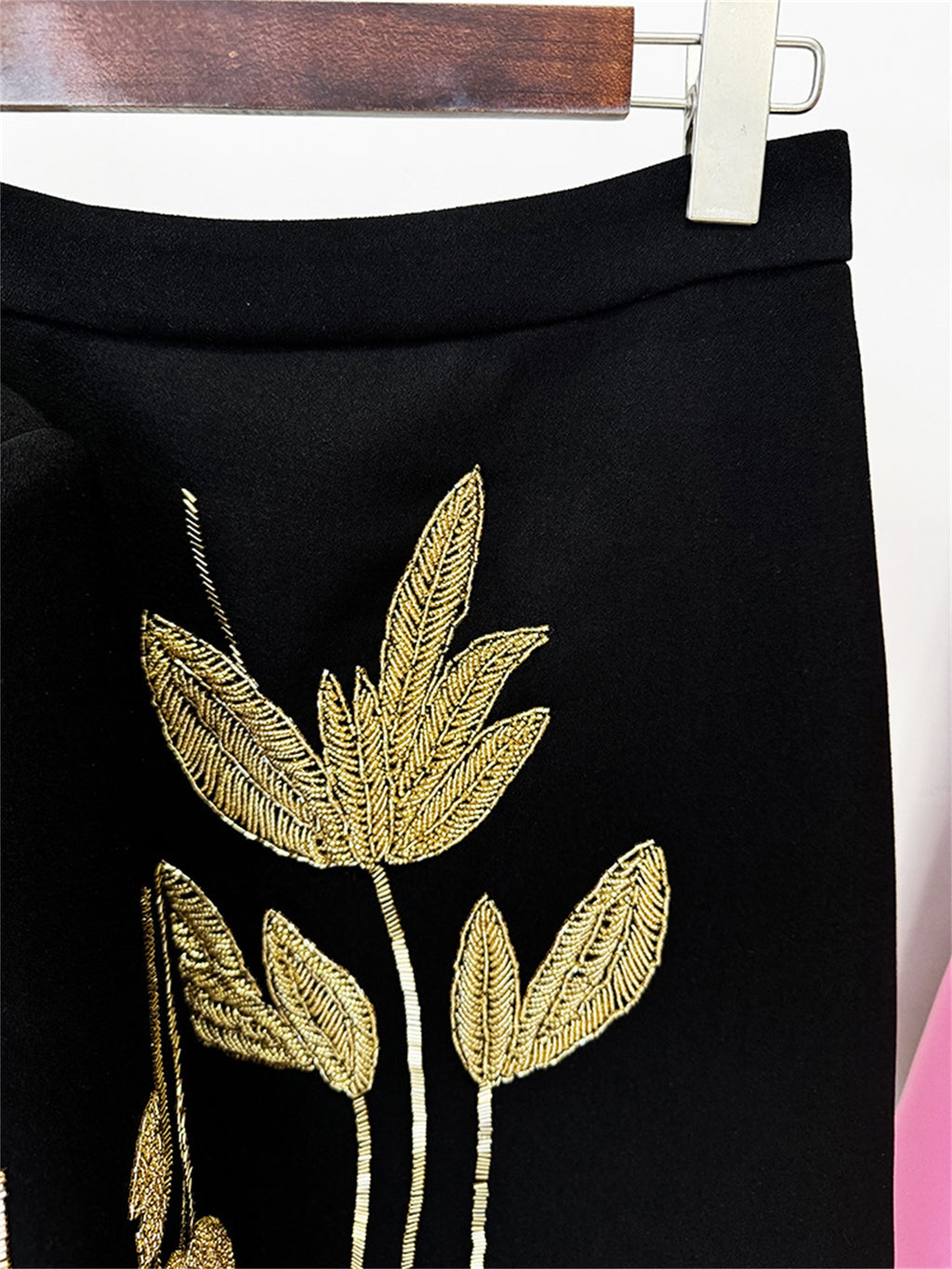 Platlogy Elegant Gold Leaf Embroidery Black Two Piece Set Cropped Jacket And Midi Skirt Formal Women Outfit For Office Wedding Party