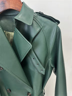 Platlogy Emerald Green Double Breasted Belted Long Leather Trench Coat For Women Elegant Fall Winter Outerwear