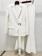 Platlogy Elegant Belt Buckle Blazer And Flared Trouser Two Piece Women Formal Suit Set For Office Business Events