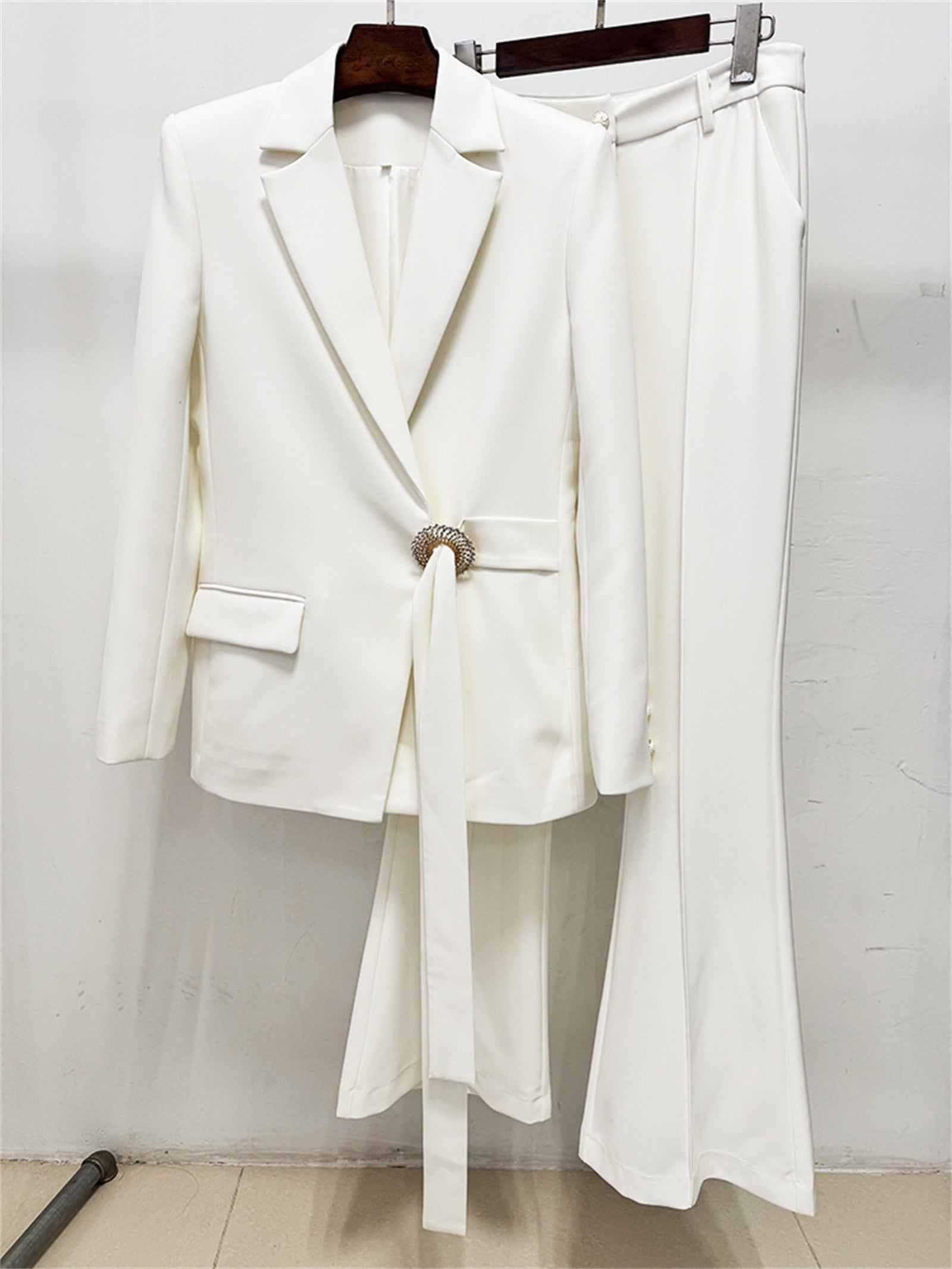 Platlogy Elegant Belt Buckle Blazer And Flared Trouser Two Piece Women Formal Suit Set For Office Business Events