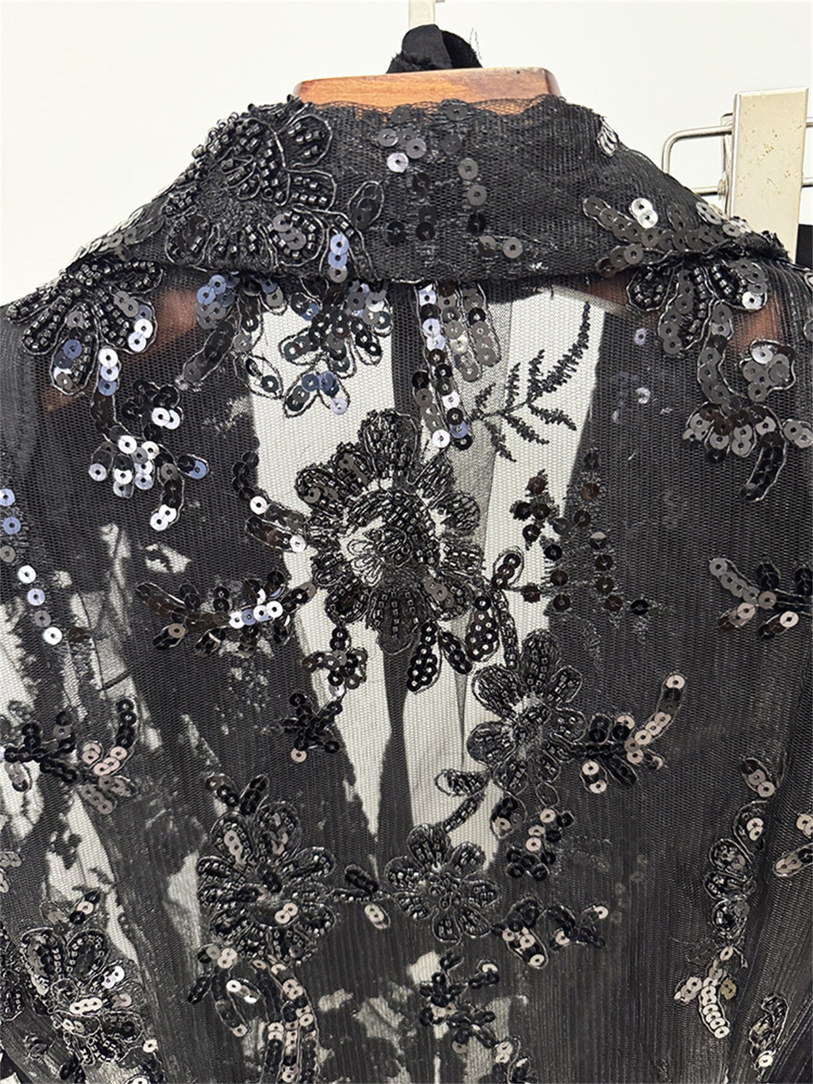 Platlogy Black Sequin Lace Blazer Straight Trouser 2 Piece Set Elegant Formal Women Pant Suit for Evening Party Business Occasions