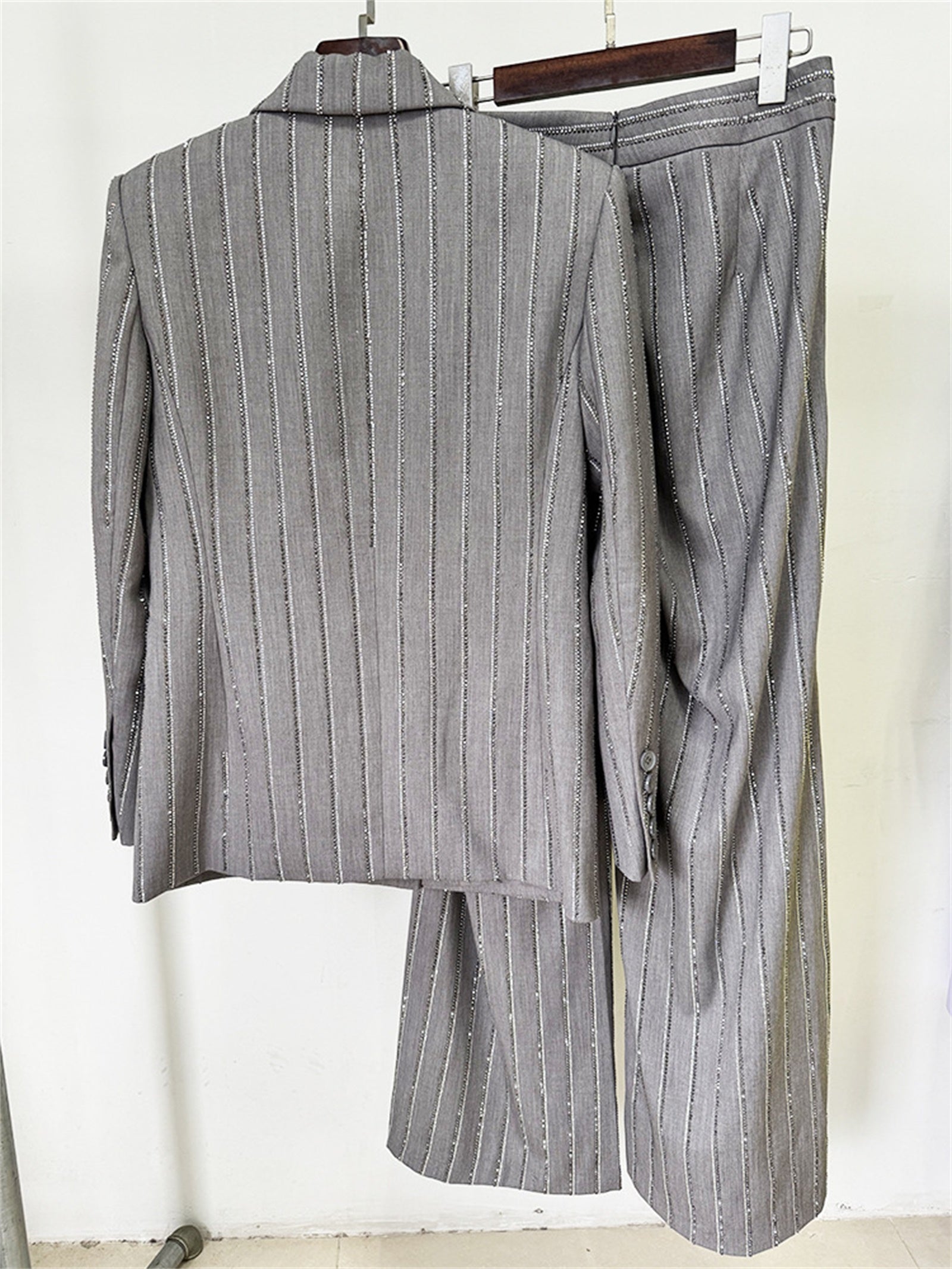 Platlogy Grey Rhinestone Stripe Double Breasted Blazer Pants Set Elegant Women Business Two Piece Suit for Work Party Daily Wear