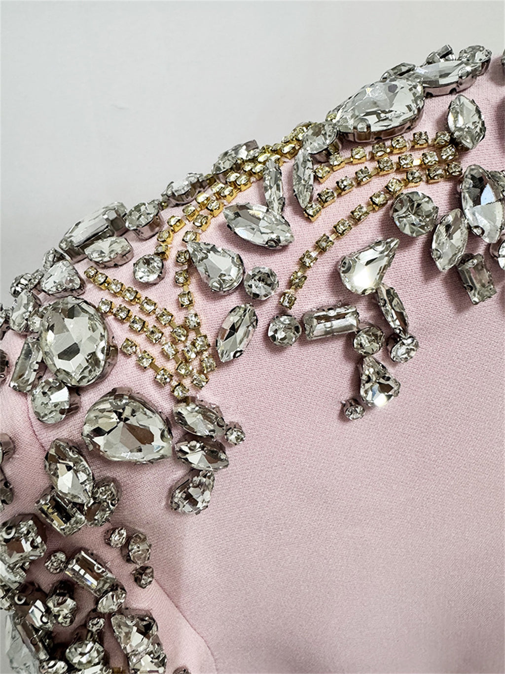 Platlogy Pink Shoulder Rhinestone Embellished Long Sleeve Midi Formal Dress Elegant Party Cocktail Sheath Dress