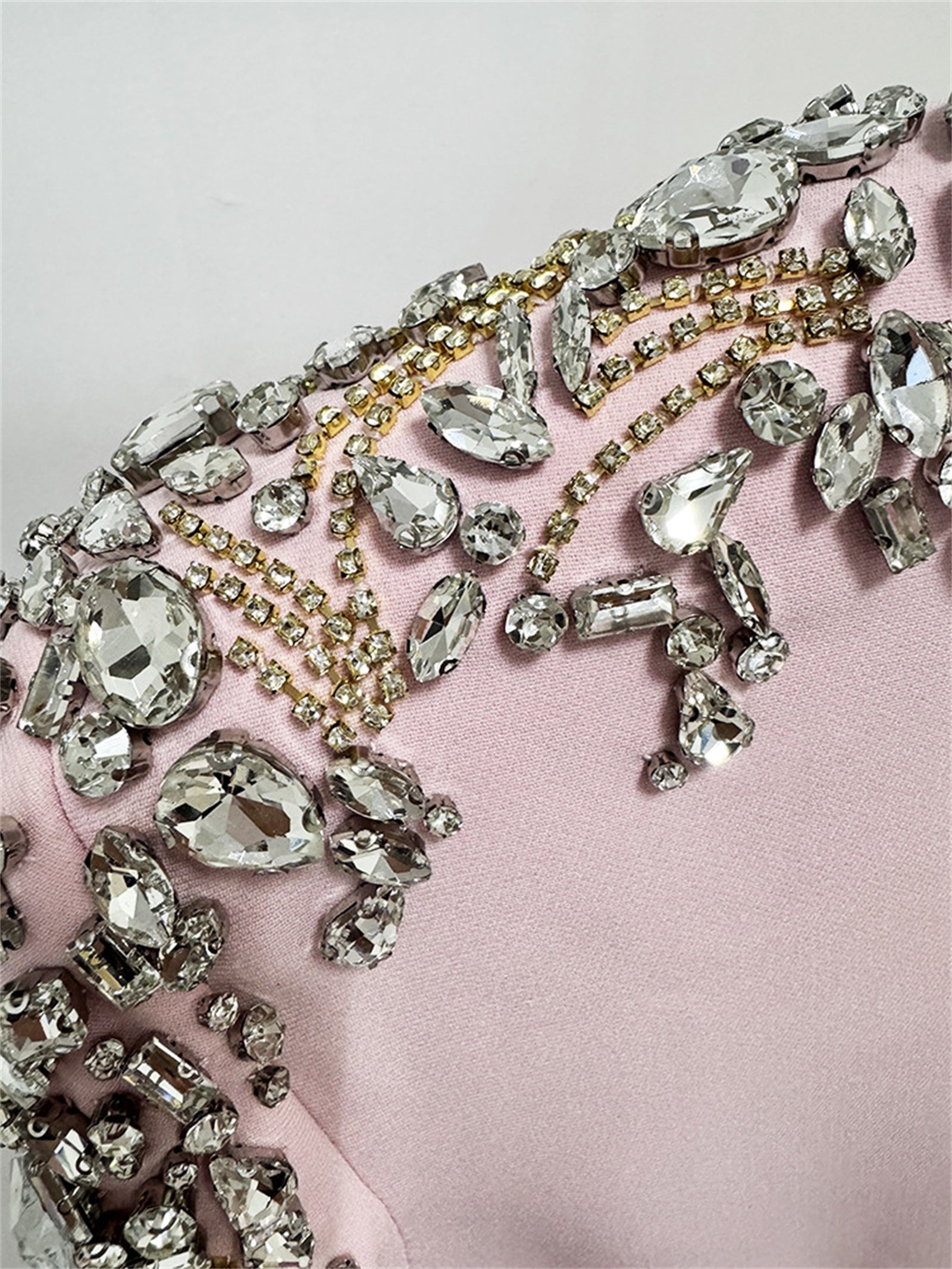 Platlogy Pink Shoulder Rhinestone Embellished Long Sleeve Midi Formal Dress Elegant Party Cocktail Sheath Dress