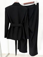 Women Elegant Two Piece Suit Set with Notched Lapel and Waist Tie