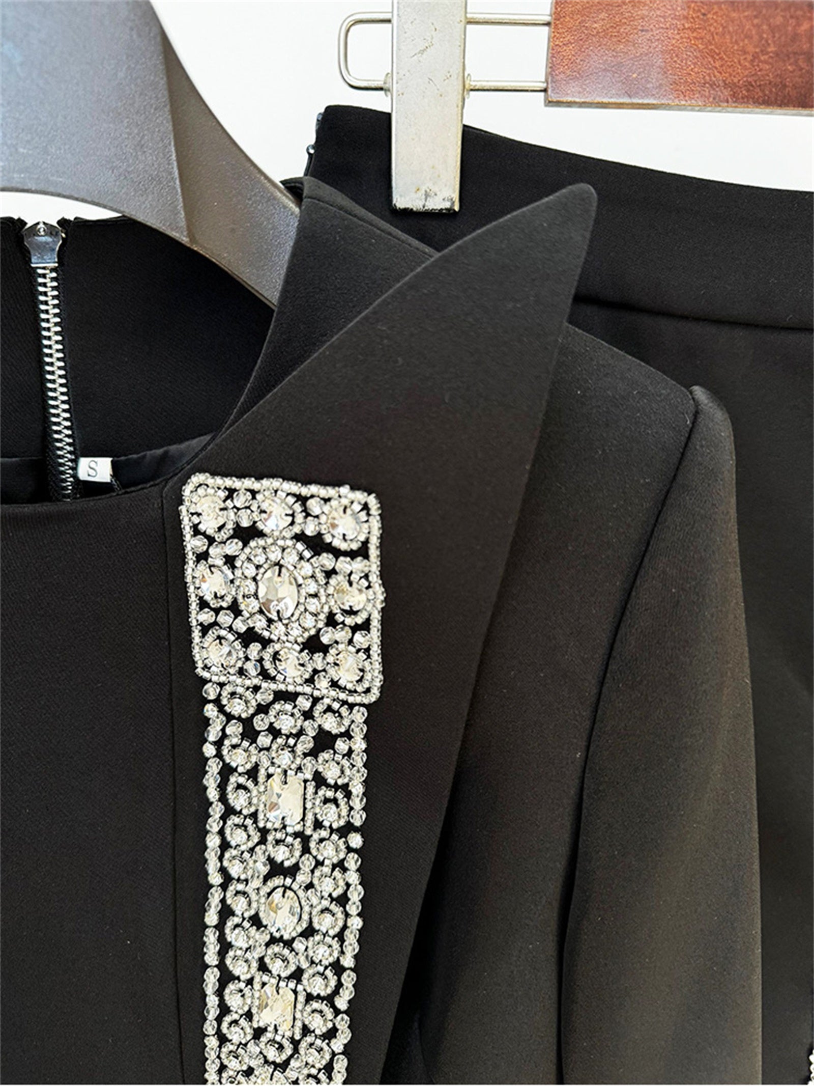 Platlogy Rhinestone Decor Black Two Piece Outfit Long Sleeve Cropped Top Mini Skirt Elegant Party Women Matching Set