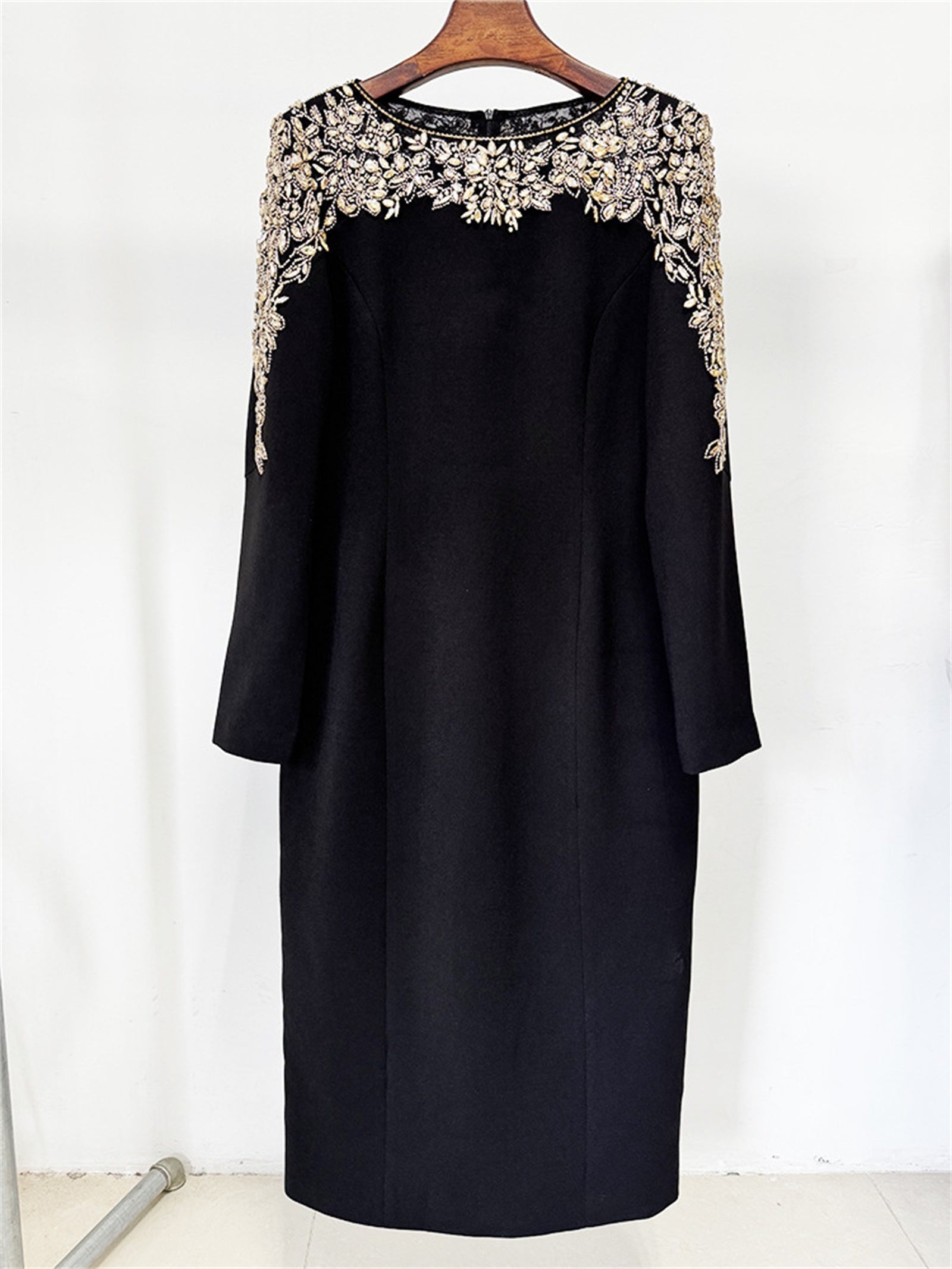 Platlogy Luxury Red Long Sleeve Midi Evening Dress Rhinestone Embellished Formal Party Wedding Guest Dress