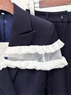 Platlogy Women Navy Ruffled Mesh Patchwork Blazer Pants Set Elegant Formal 2 Piece Suit for Work Party