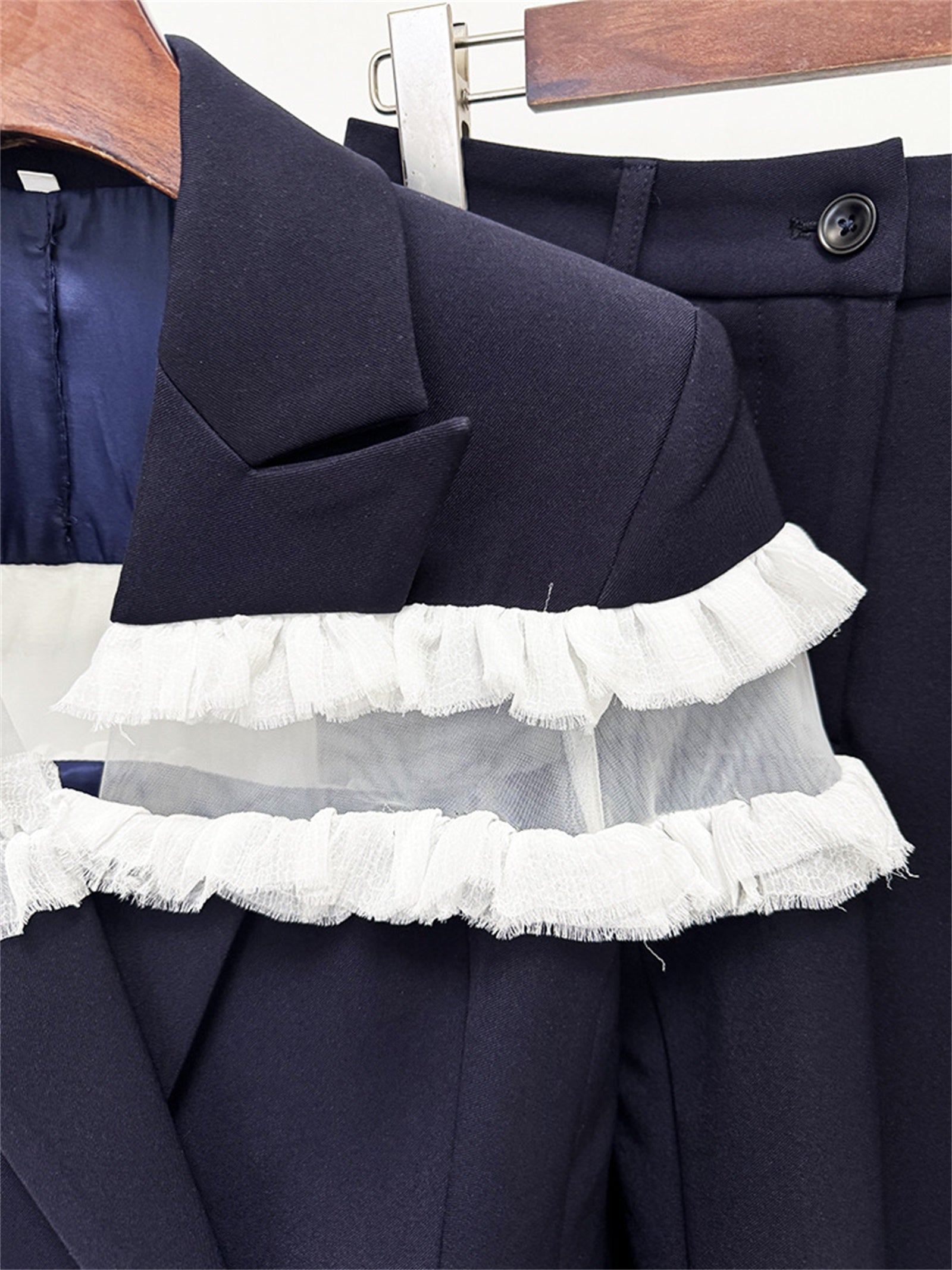 Platlogy Women Navy Ruffled Mesh Patchwork Blazer Pants Set Elegant Formal 2 Piece Suit for Work Party