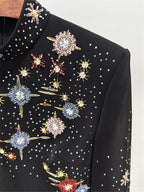 Platlogy Black Stand Collar Long Sleeve Mini Dress Heavy Star Rhinestone Embellished Elegant Party Cocktail Dress