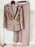 Platlogy Elegant Floral Embroidery Blazer Pant Set Women Formal Business Two Piece Suit For Wedding Party Office Wear