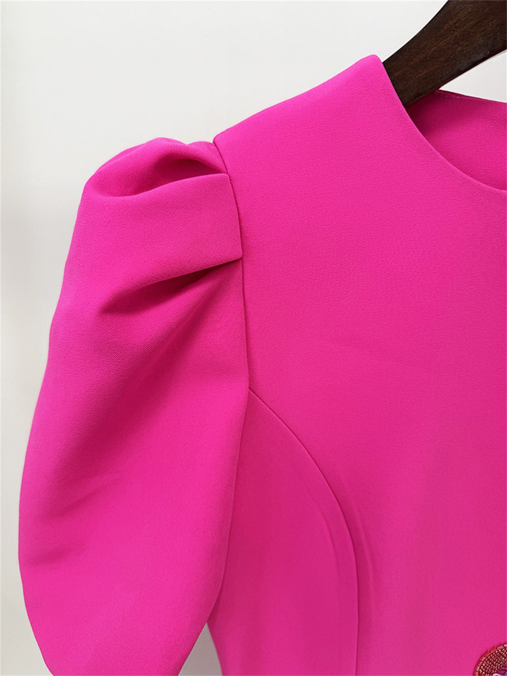 Platlogy Fuchsia Puff Sleeve Midi Dress Hand Beaded Floral Bodycon Formal Party Dress For Women