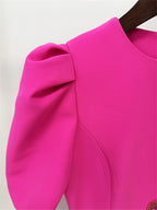 Platlogy Fuchsia Puff Sleeve Midi Dress Hand Beaded Floral Bodycon Formal Party Dress For Women