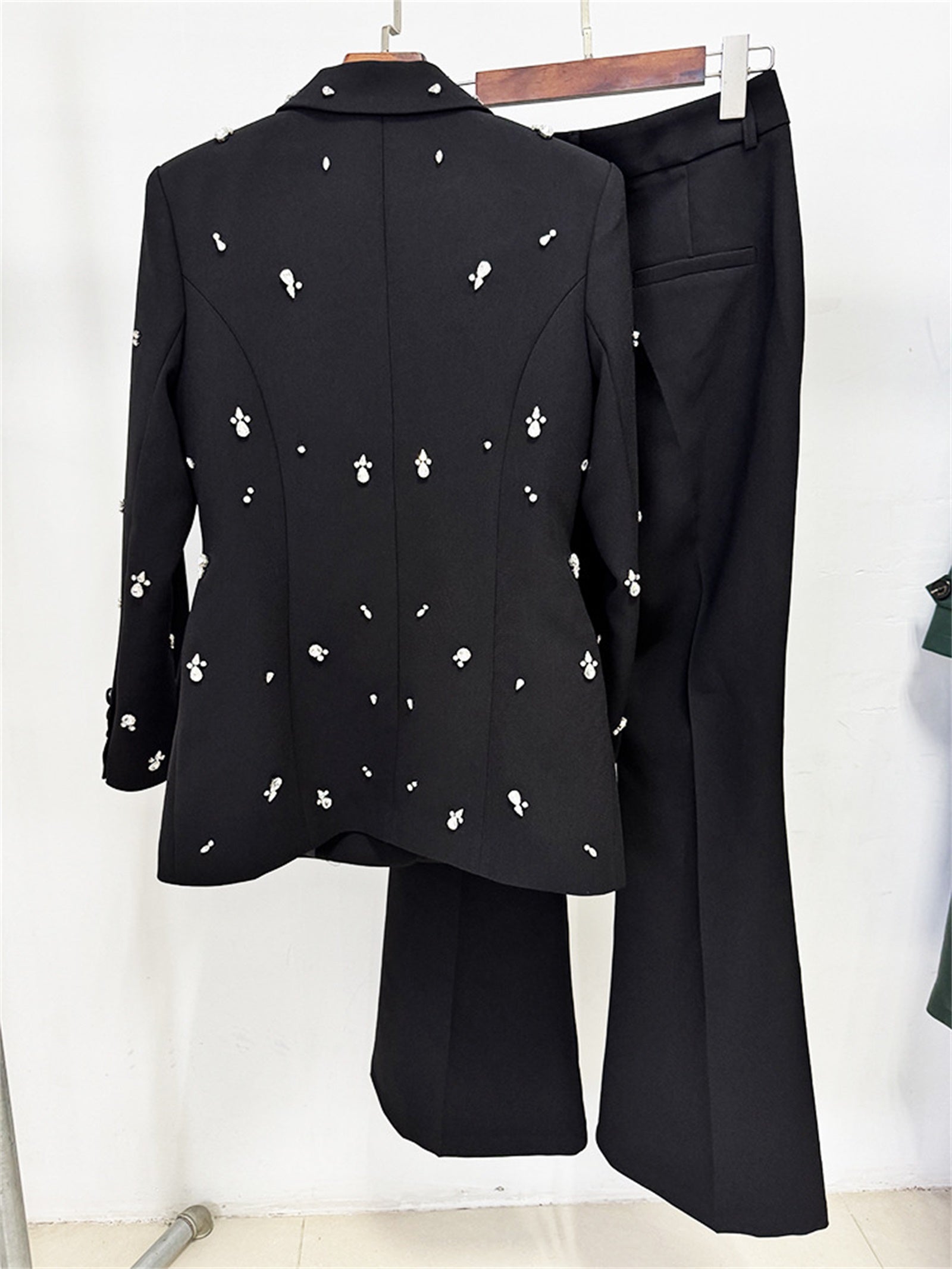 Platlogy Women Elegant Rhinestone Embellished Blazer and Flared Pants Formal Two Piece Suit