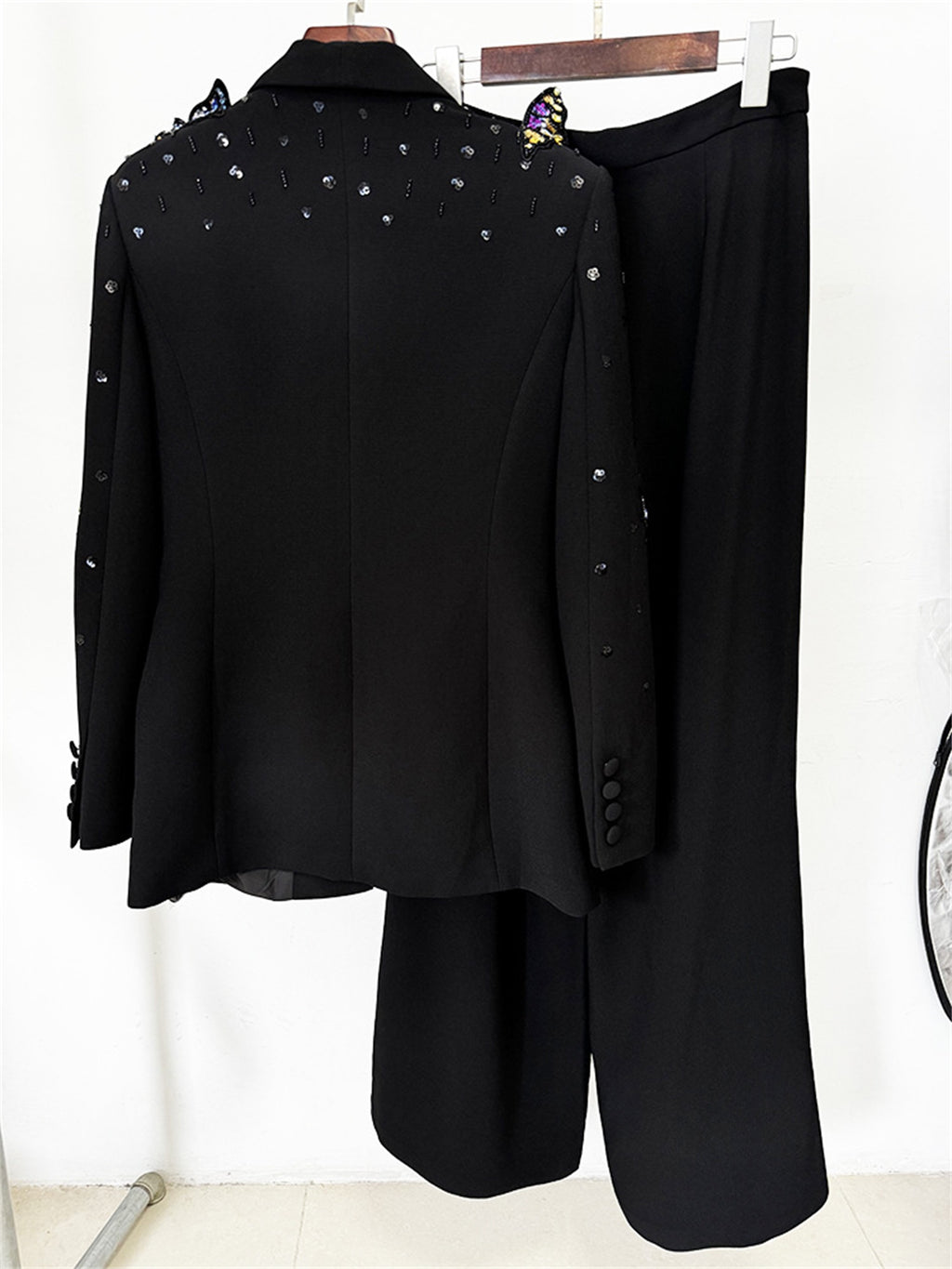 Platlogy Elegant Butterfly Sequin Rhinestone Blazer Wide Leg Pants 2 Piece Women Suit Formal Business Party Outfit