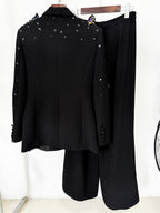 Platlogy Elegant Butterfly Sequin Rhinestone Blazer Wide Leg Pants 2 Piece Women Suit Formal Business Party Outfit