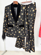 Platlogy Black Golden Star Embroidery Feather Cuff Blazer Flared Pants Two Piece Formal Suit For Women Luxury Evening Party Matching Outfit