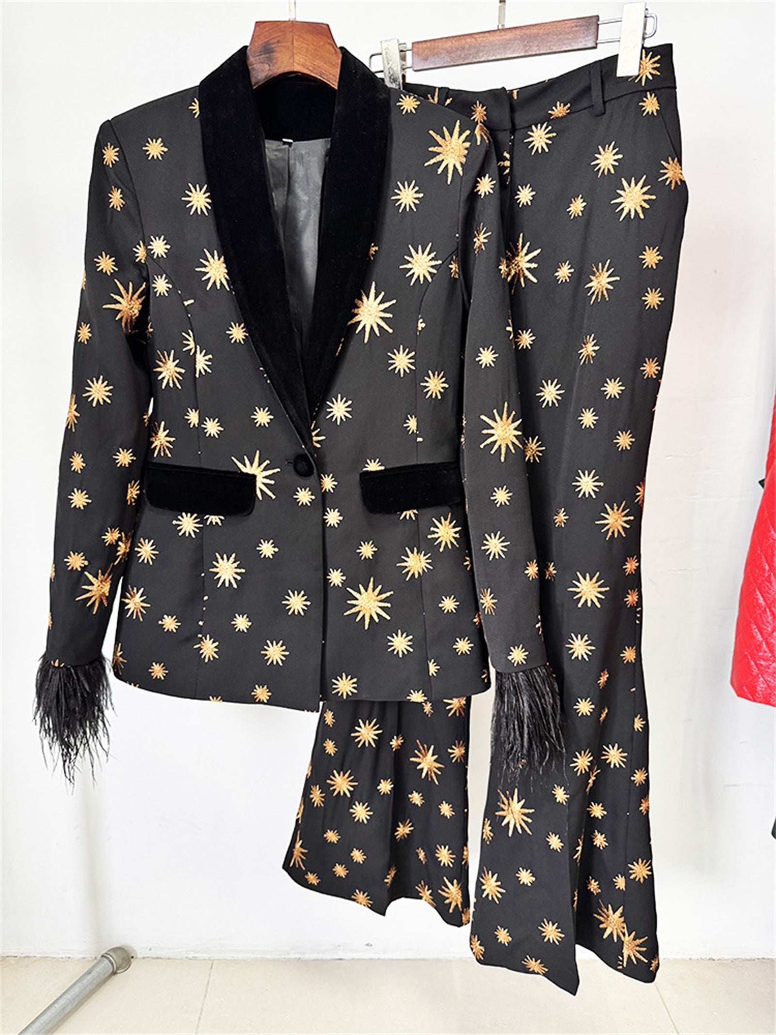 Platlogy Black Golden Star Embroidery Feather Cuff Blazer Flared Pants Two Piece Formal Suit For Women Luxury Evening Party Matching Outfit