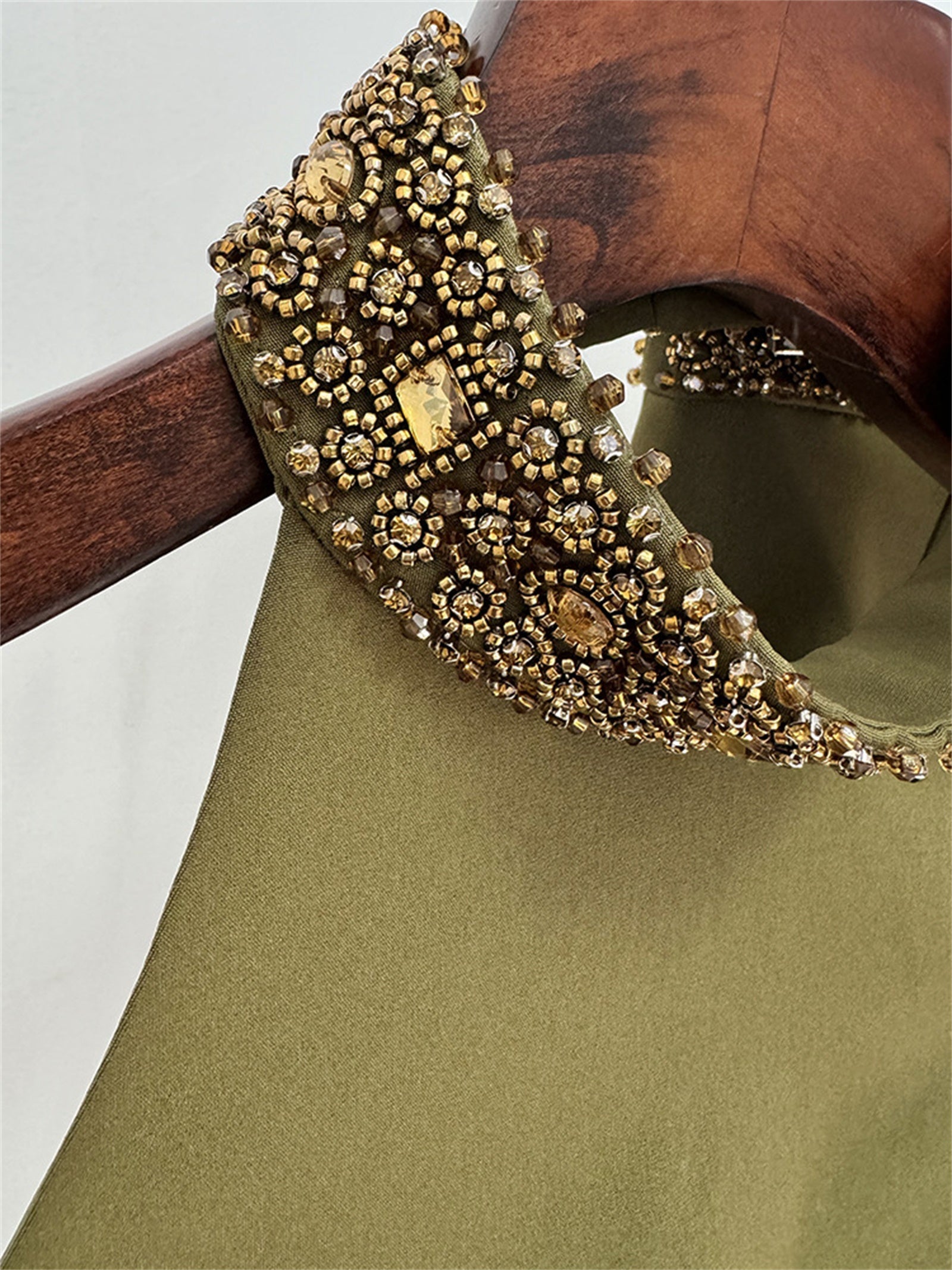 Platlogy Olive Green Handmade Beaded Halter Crop Top Split Long Skirt Two Piece Formal Party Set