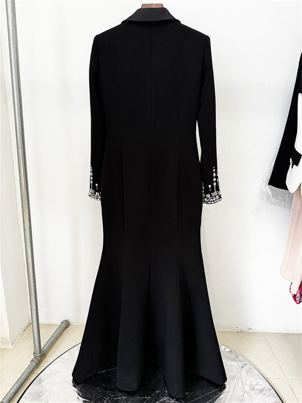 Embellished Cuff Maxi Blazer Dress Button Front Evening Party Dress