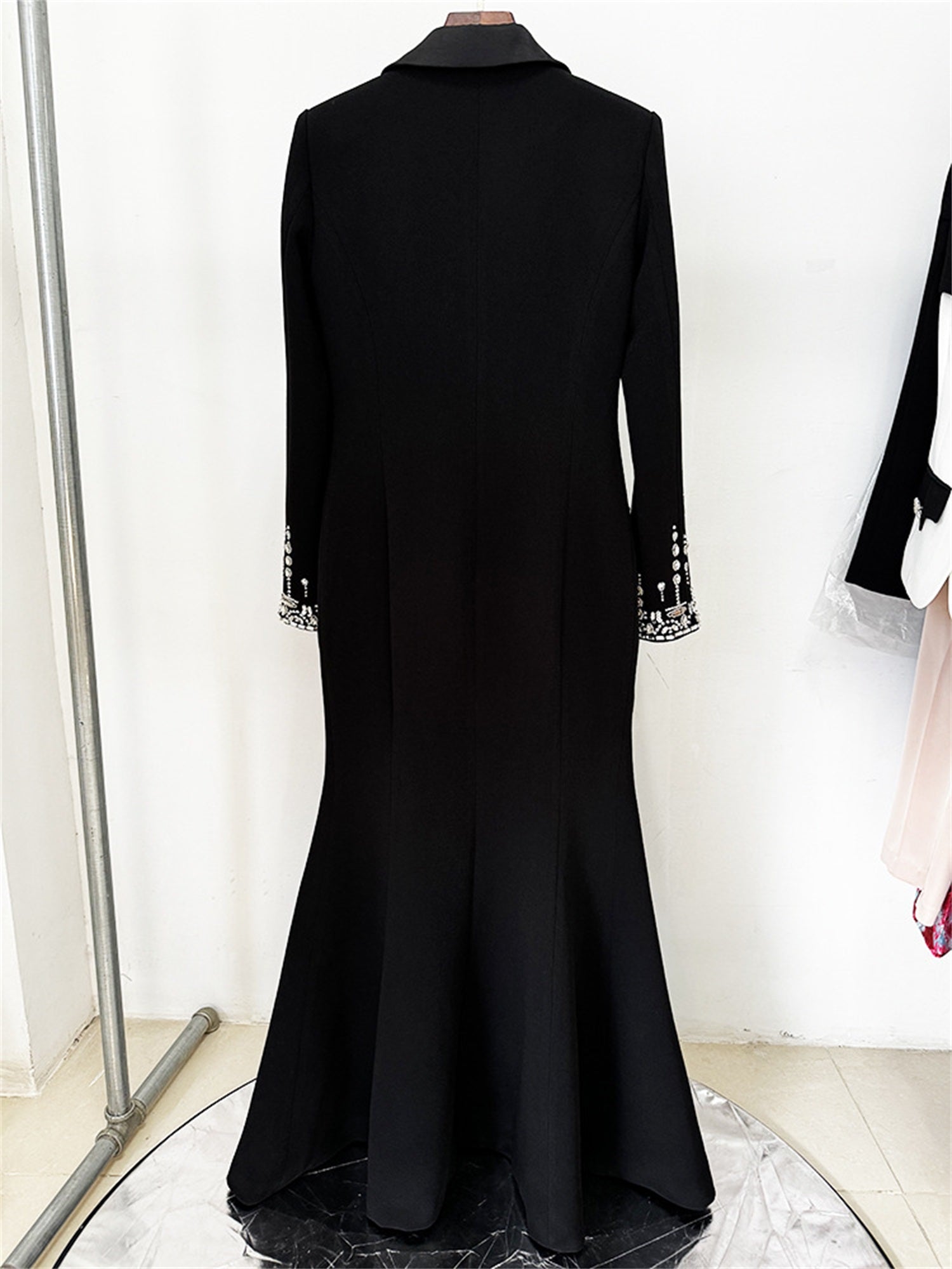 Embellished Cuff Maxi Blazer Dress Button Front Evening Party Dress