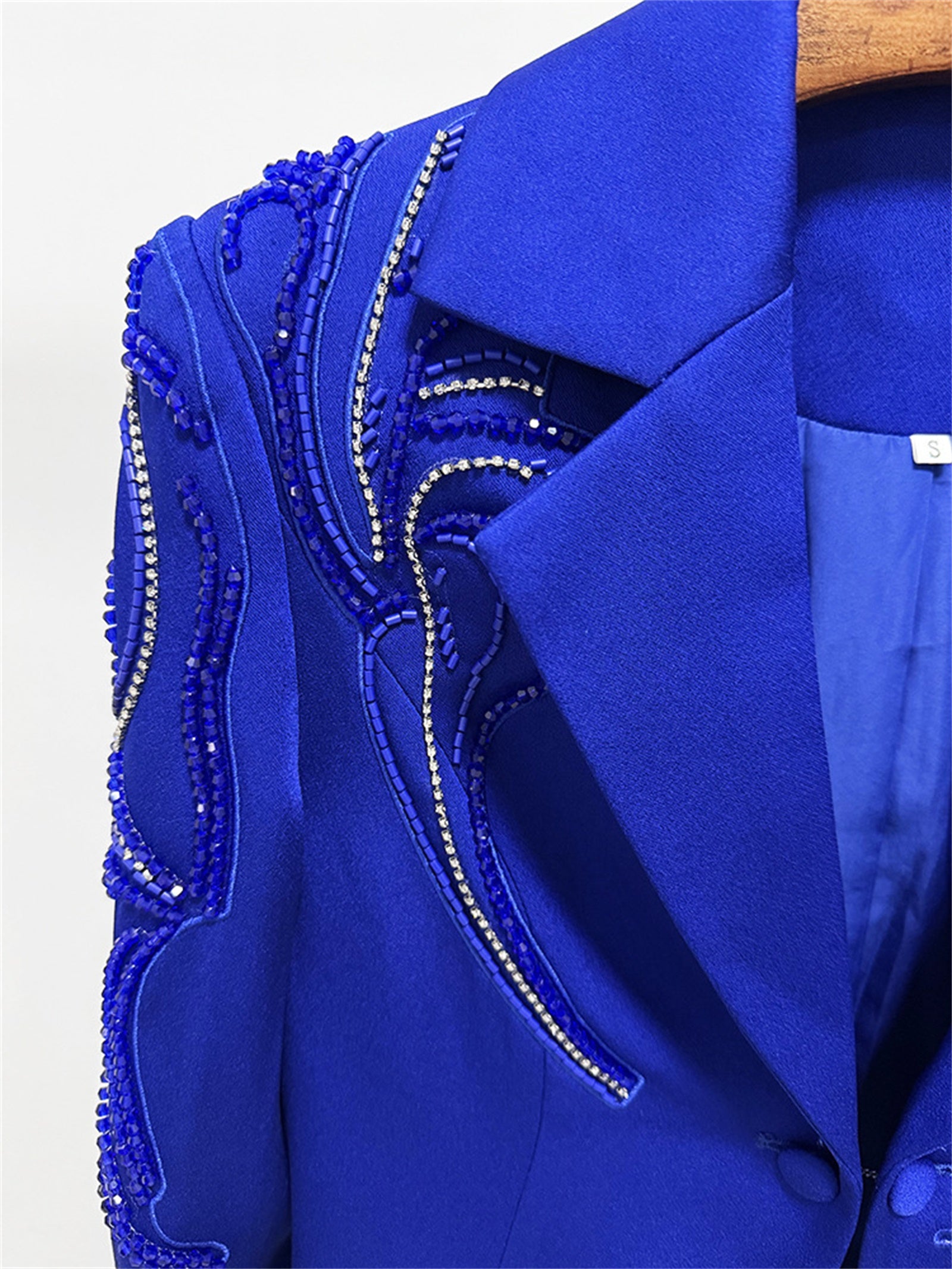 Platlogy Royal Blue Hand Beaded Blazer Wide Leg Pants Two Piece Formal Suit For Women Elegant Business Party Matching Outfit