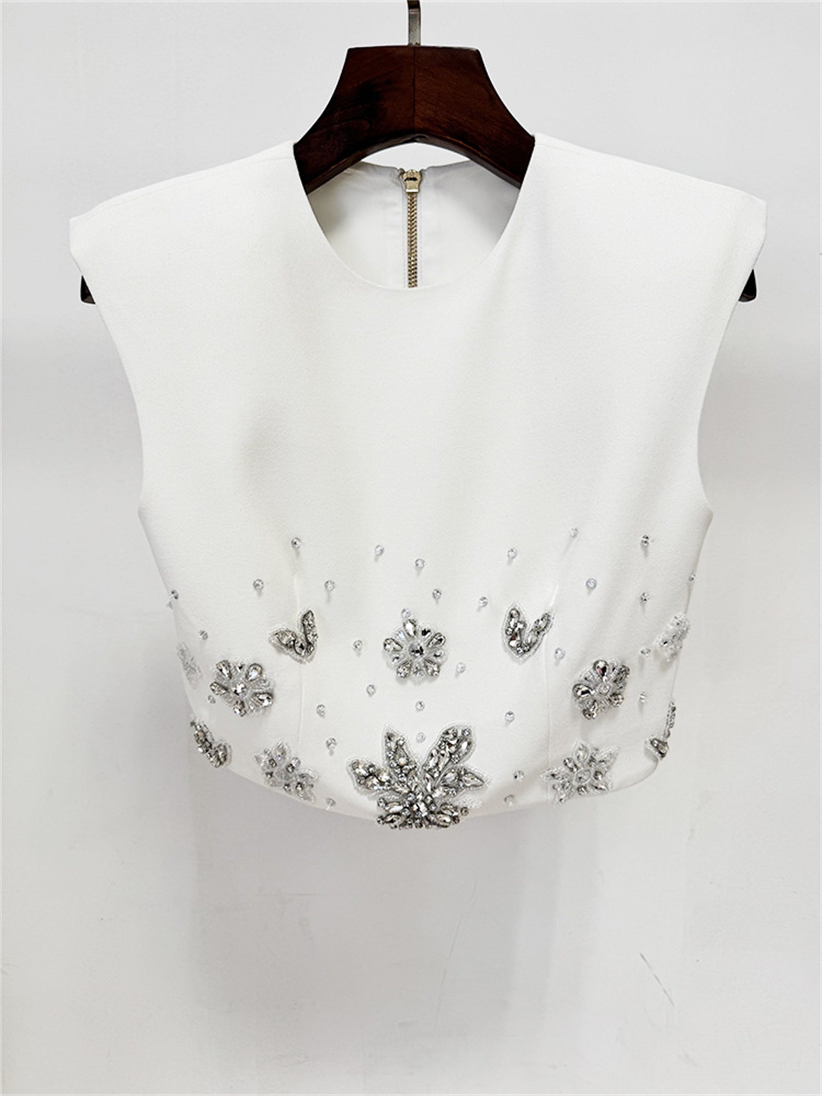 Platlogy White Two Piece Mermaid Evening Gown Handmade Rhinestone Sleeveless Formal Party Dress