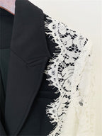 Platlogy Women Elegant Lace Patchwork Blazer Suit Slim Fit Formal Business Party Two Piece Outfit