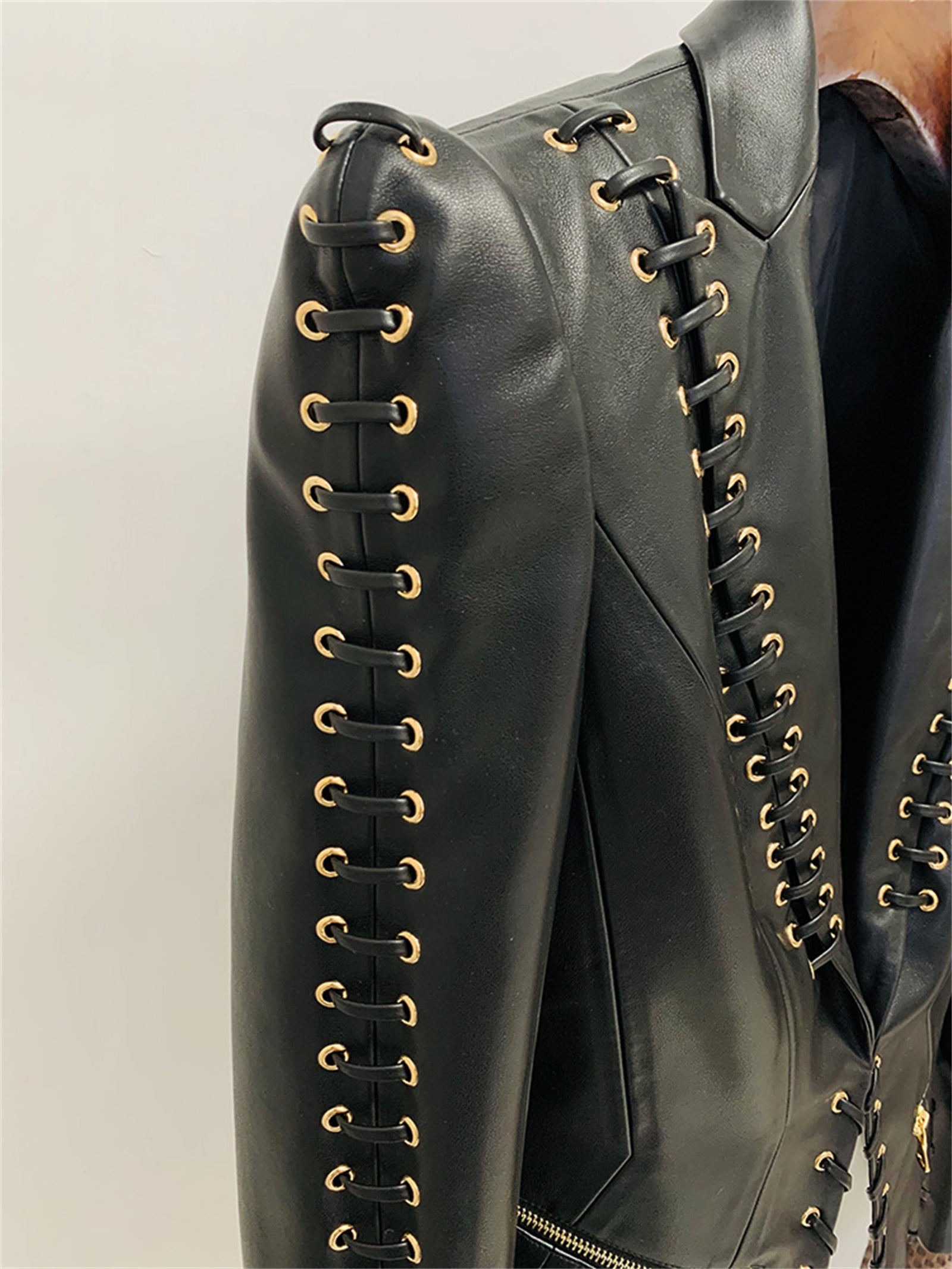 Platlogy Black Lace Up Detailed Fitted Leather Blazer Women Cropped Long Sleeve Formal Party Leather Jacket