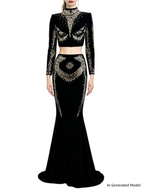 Platlogy Black Heavy Rhinestone Two Piece Evening Set Long Sleeve Cropped Top Asymmetrical Mermaid Skirt Formal Party Outfit