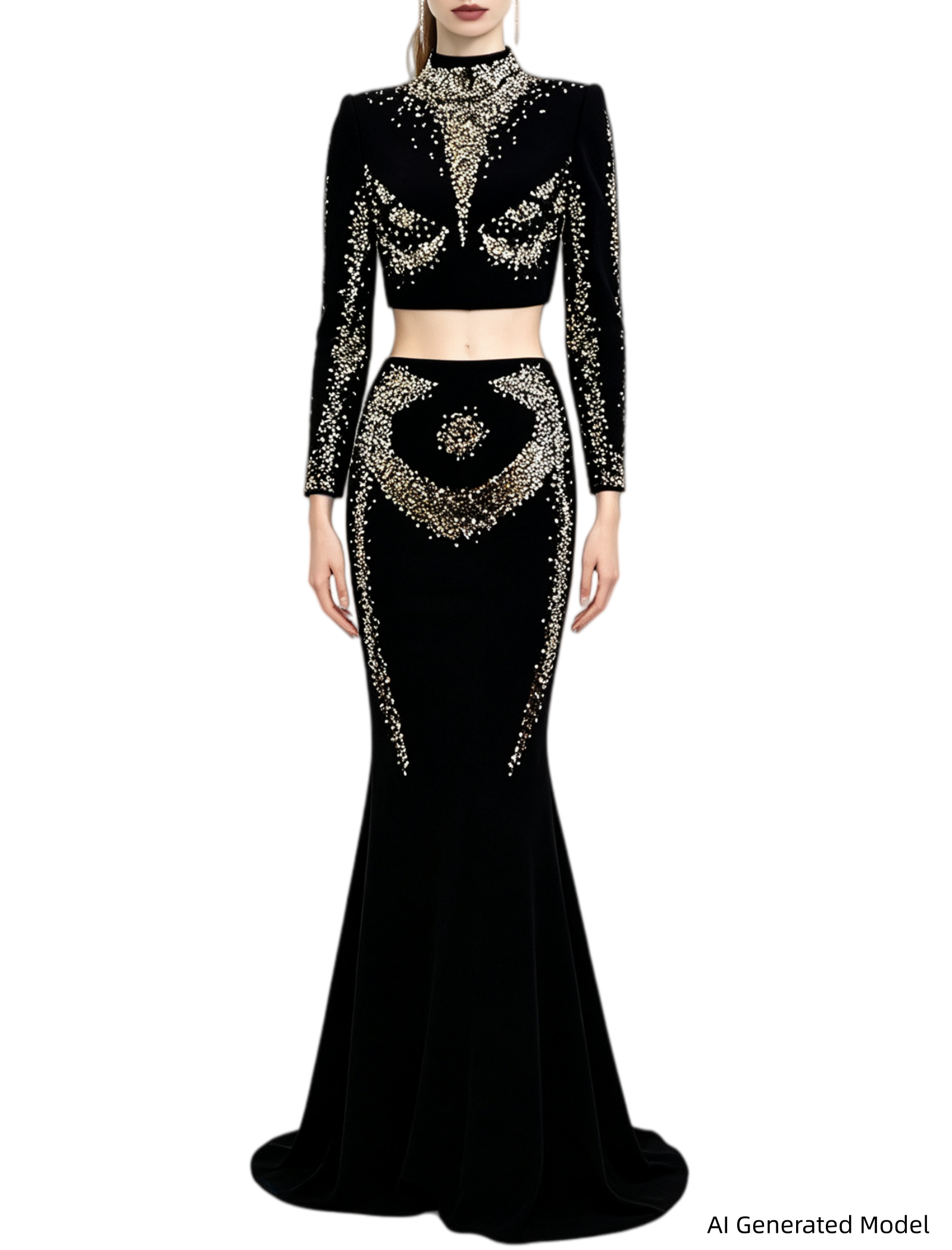 Platlogy Black Heavy Rhinestone Two Piece Evening Set Long Sleeve Cropped Top Asymmetrical Mermaid Skirt Formal Party Outfit
