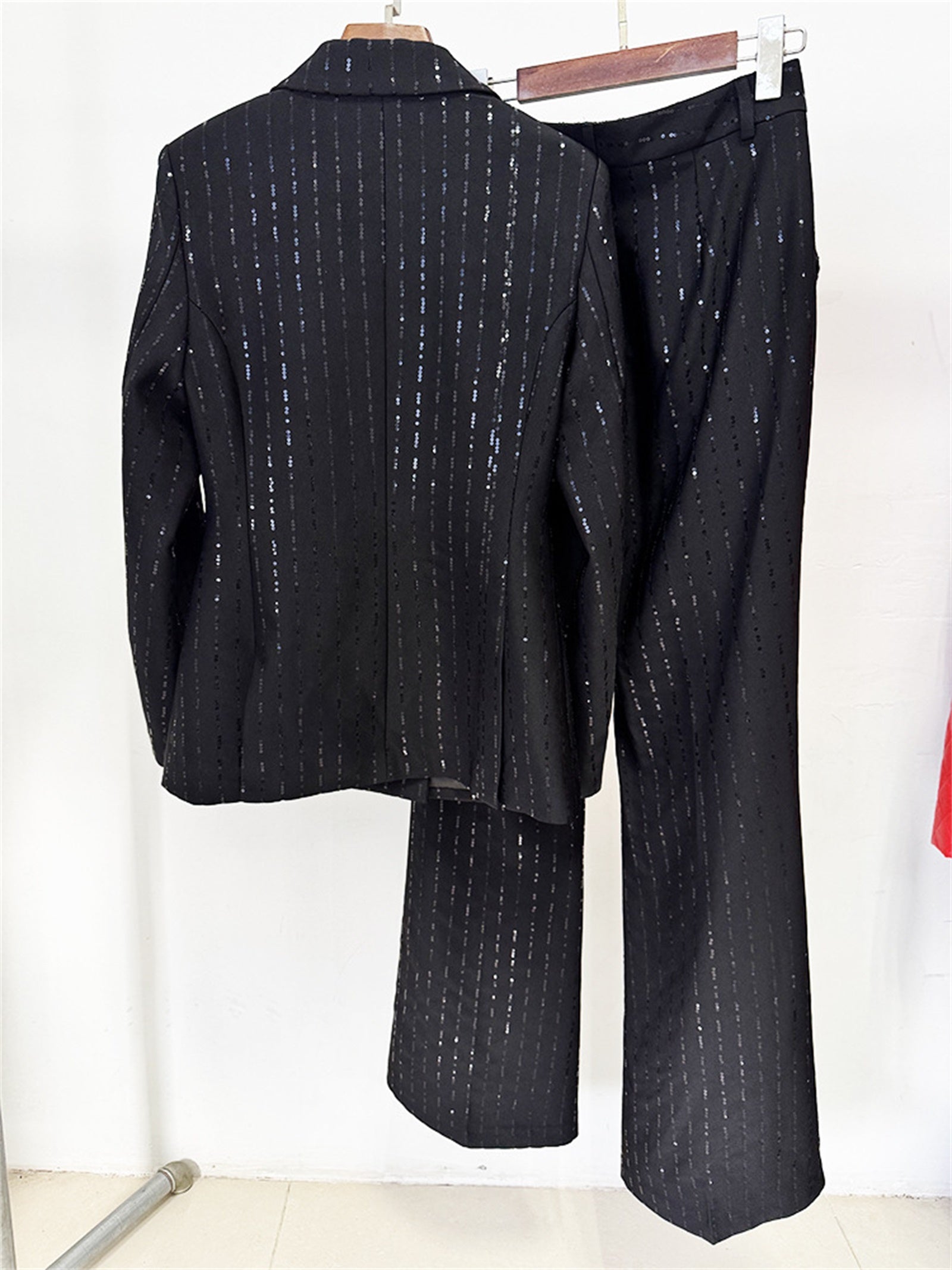 Platlogy Sparkly Striped Double Breasted Blazer and Flared Pants Two Piece Formal Suit Set for Women Elegant Business Party Outfit
