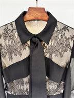 Platlogy Black Lace Patchwork Maxi Dress Bow Collar Long Sleeve Pleated Formal Evening Party Long Dresses