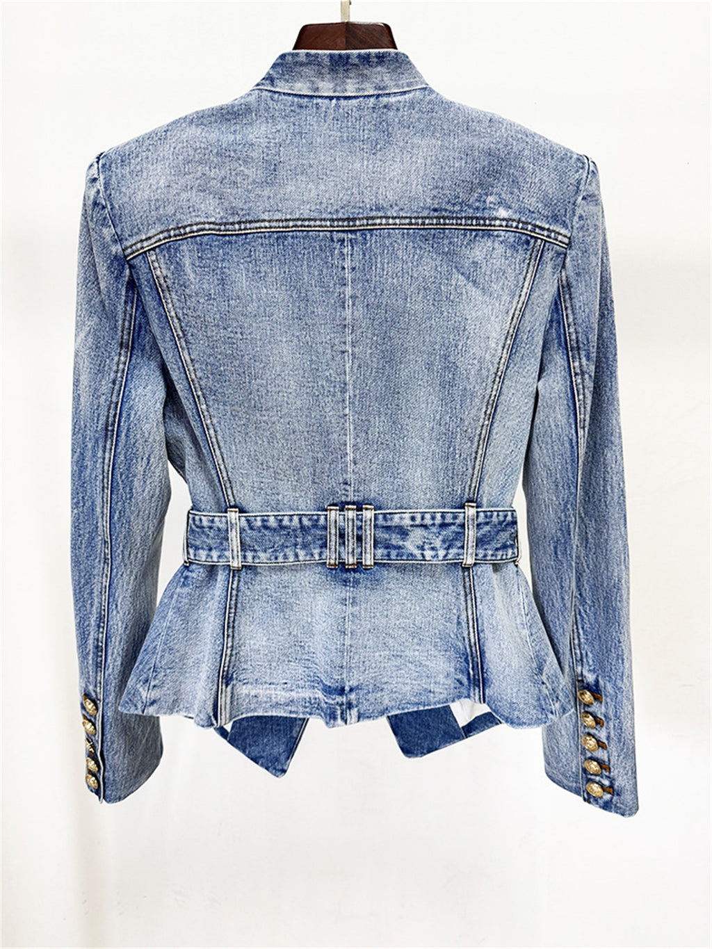 Platlogy V Neck Belted Waist Denim Blazer Women Long Sleeve Pockets Casual Chic Slim Fit Denim Jacket
