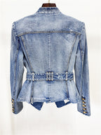 Platlogy V Neck Belted Waist Denim Blazer Women Long Sleeve Pockets Casual Chic Slim Fit Denim Jacket