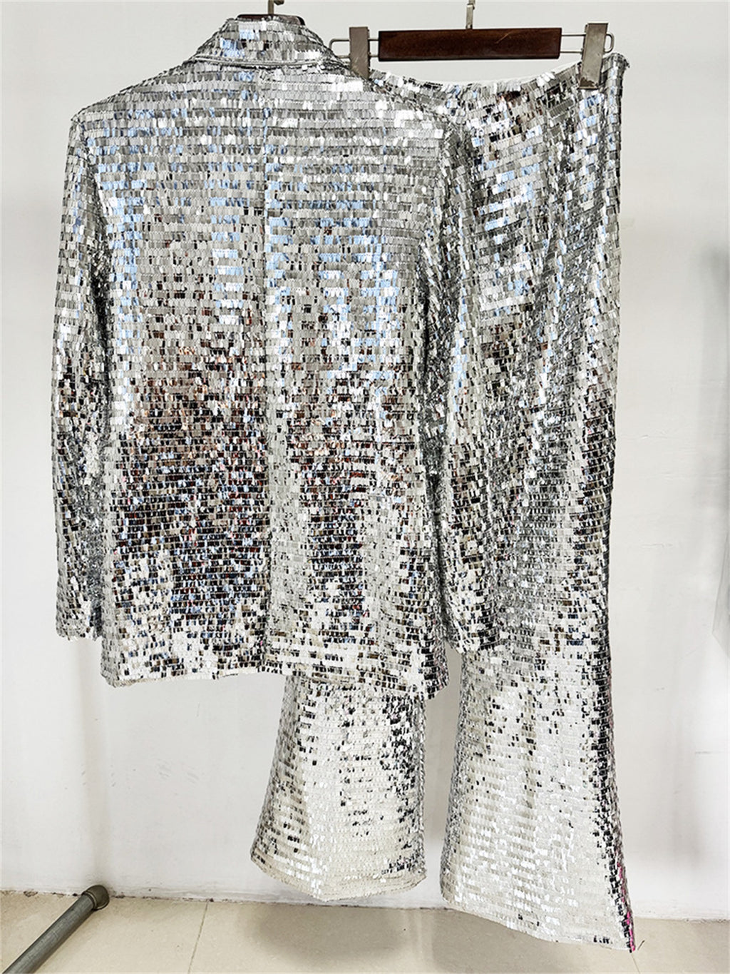 Platlogy Silver Sequin Blazer Pant Set Women Glitter Two Piece Outfit For Party Prom Stage Show