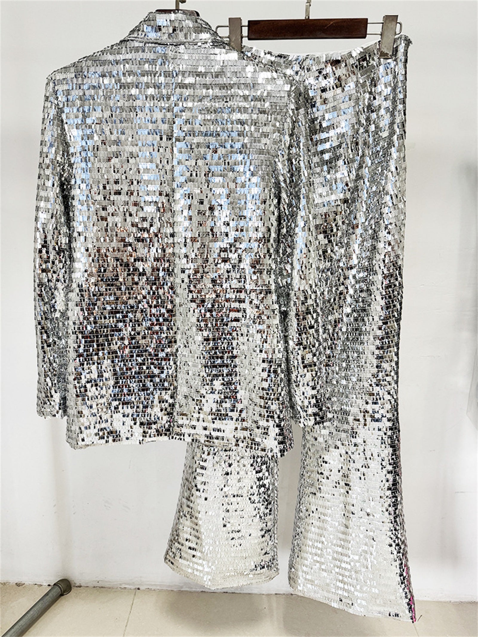 Platlogy Silver Sequin Blazer Pant Set Women Glitter Two Piece Outfit For Party Prom Stage Show