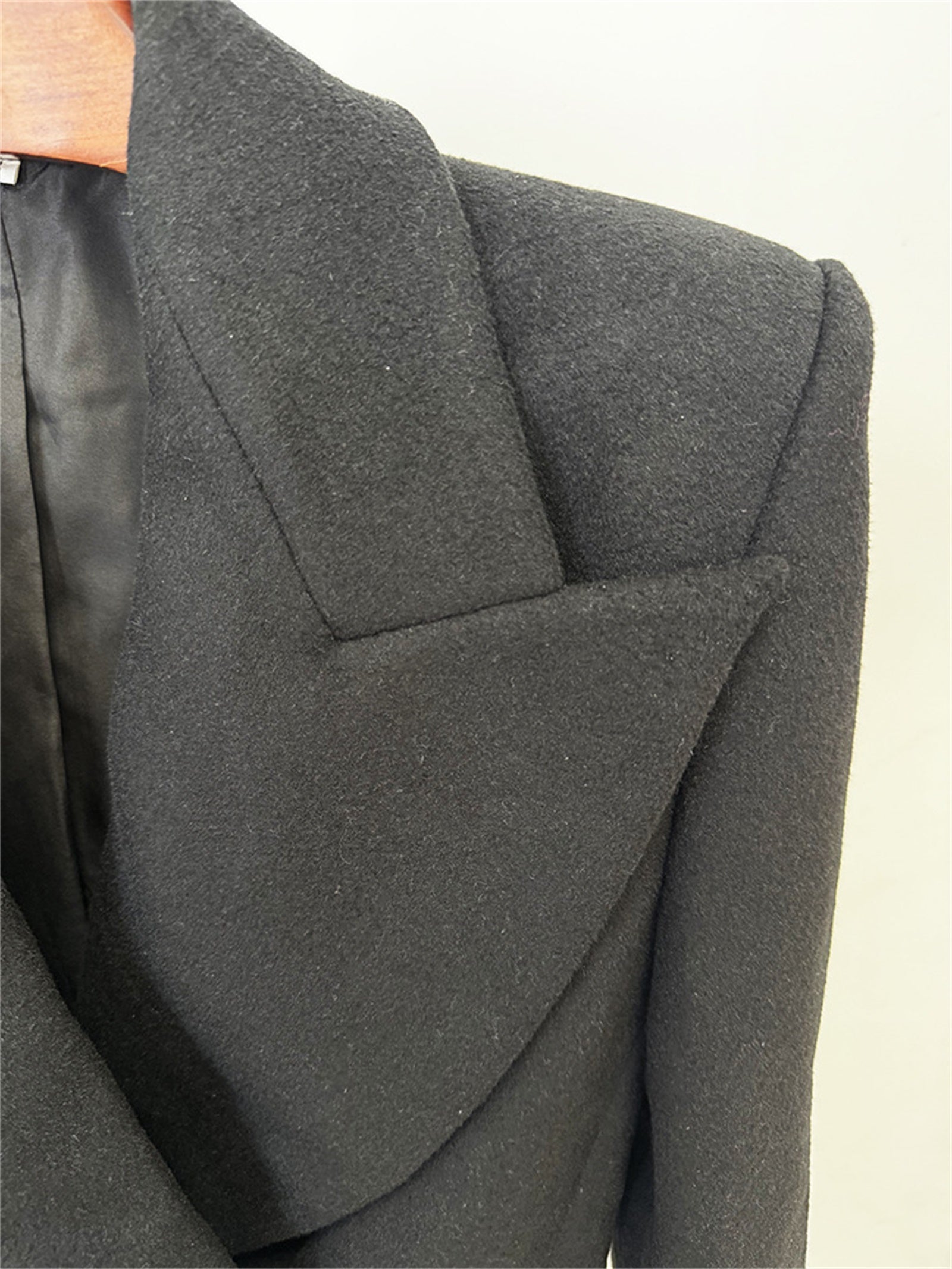 Platlogy Women Elegant Big Lapel Double Breasted Wool Blend Slim Cropped Blazer Formal Work Outerwear