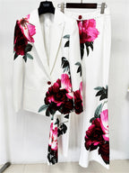 Platlogy Elegant Big Rose Print White Two Piece Women Suit Blazer and Long Pants Set for Formal Business Party Occasions