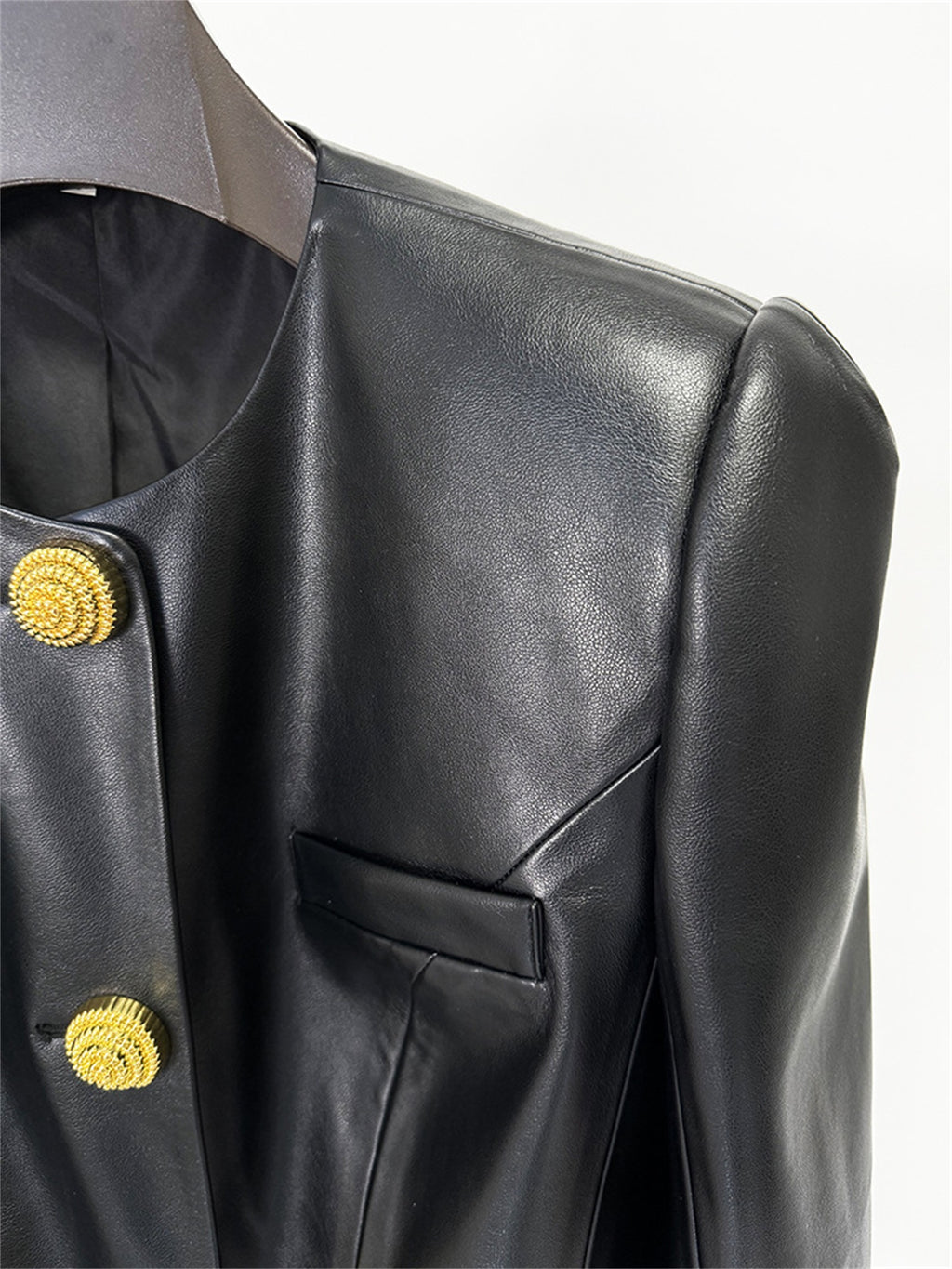 Platlogy Women Round Neck Gold Button Slim Faux Leather Cropped Jacket Elegant Formal Daily Outerwear